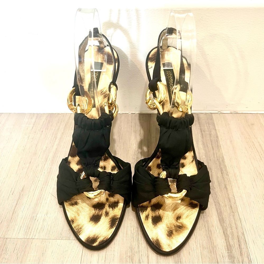 Roberto Cavalli Black and Gold Heels with Animal Print sz 11/41 - Picture 4 of 11